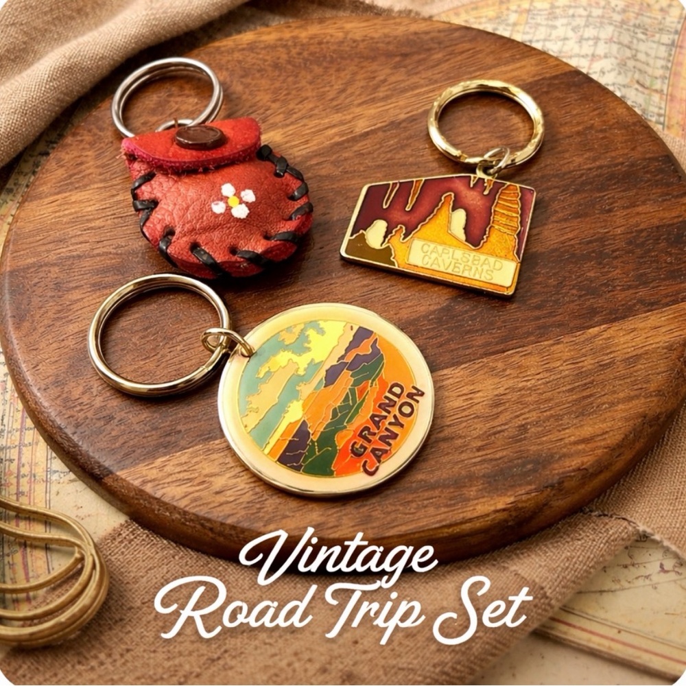 Vintage Road Trip Keychain Set Grand Canyon Carlsbad Caverns Leather Pouch